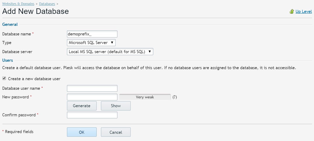 Plesk MSSQL database aanmaken